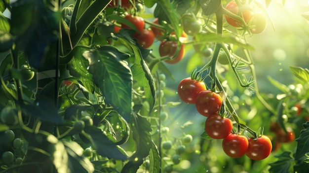 Foto jardim de tomates em flor tomates vermelhos vibrantes pendurados em videiras verdes em um jardim iluminado pelo sol uma bela visão que promete uma colheita frutífera