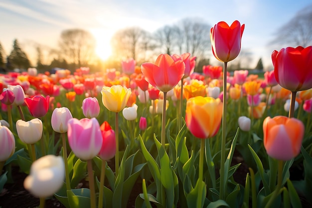 Jardim de tulipas cheio de tulipas de várias cores na primavera