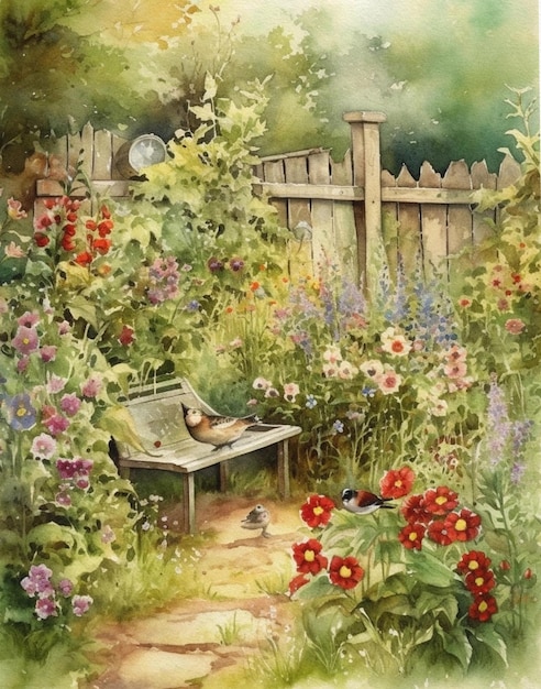 jardim de verão aquarela mágico com flores e legumes cartão postal vintage jardim aquarela ba
