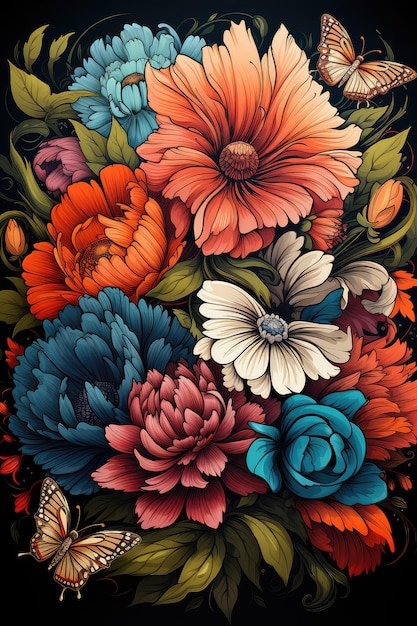 Jardim de verão cheio de flores coloridas e borboletas voadoras vetor de ilustração