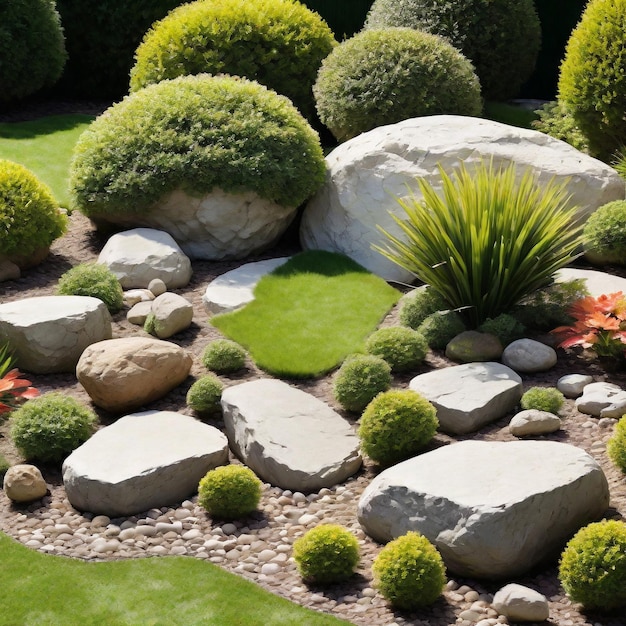 Jardim decorado com pedras e flores e plantas isoladas em fundo branco ai generativo