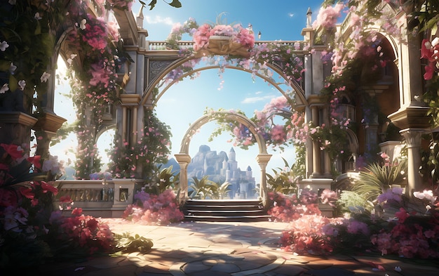 Jardim do paraíso cheio de flores lindo fundo idílico