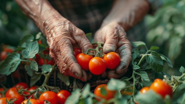 Jardim doméstico com as mãos colhendo tomates cherry maduros