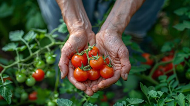 Jardim doméstico com as mãos colhendo tomates cherry maduros