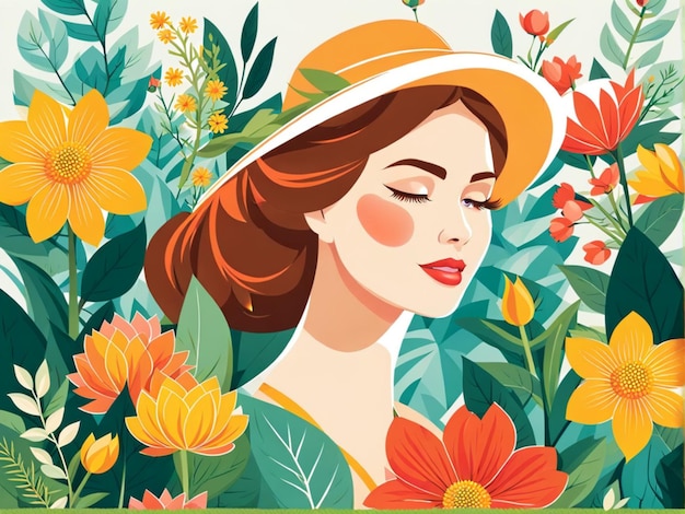 Jardim e jardinagem Ilustração vetorial colorida de uma mulher bonita em um fundo floral de flores