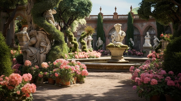 Foto jardim em roma com flores topiários e estátuas