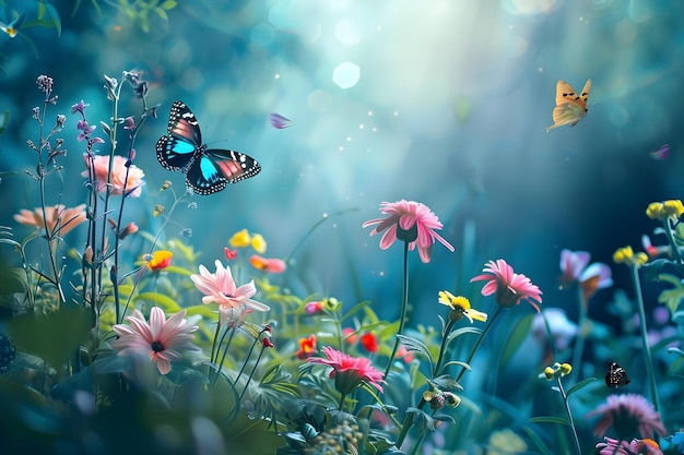 Jardim encantado vibrante com flores coloridas plantas majestosas borboletas e pássaros em cores belas e serenas conceito jardim encantado flores vibrantes plantas majestosas borboletas pássaros