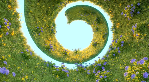 Jardim espiral abstrato com grama verde exuberante e flores renderização em 3d