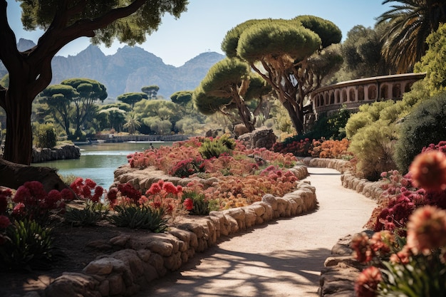 Jardim exótico em Maiorca com plantas vibrantes generativas IA