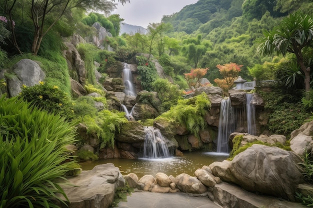 Jardim exuberante com cascata rodeado por paisagem natural de montanhas e vegetação