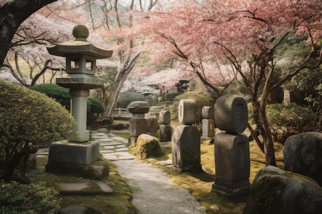 Jardim exuberante com cerejeiras em flor e lanternas de pedra