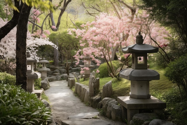 Jardim exuberante com cerejeiras em flor e lanternas de pedra