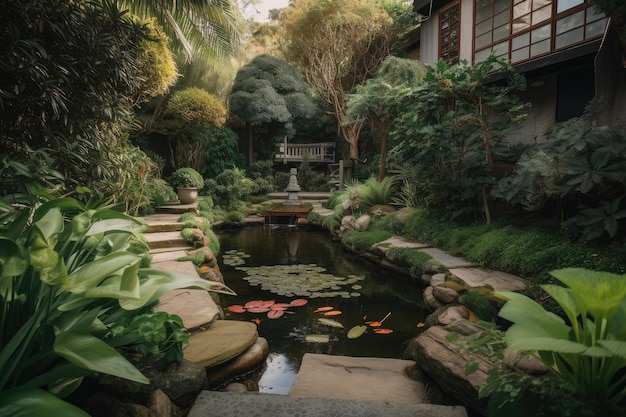 Jardim exuberante com fonte e peixes koi nadando em piscinas