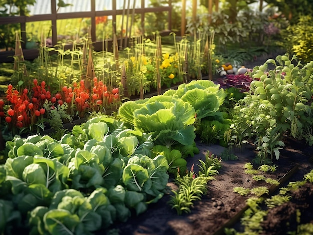 Jardim florido com fileiras de plantas verdes brilhantes AI Generative