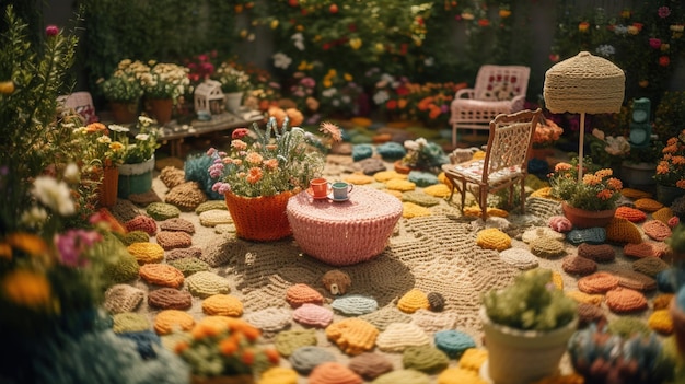 Jardim fofo de IA generativo feito de plantas de crochê, árvores, flores, cores suaves, paisagem de cena sonhadora