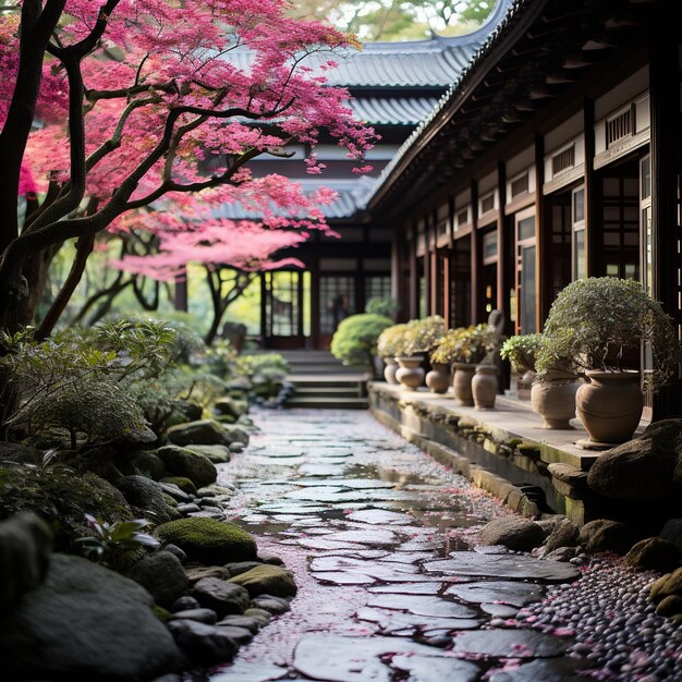 Foto jardim japonês com árvores de cerejeiras em flor rosa e caminho de pedra