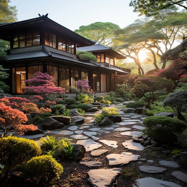 Jardim japonês com casa tradicional