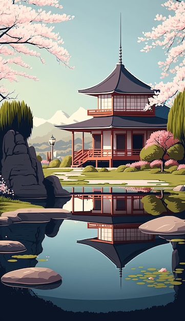 Jardim japonês com lagoa e casa japonesa tradicional Generative Ai