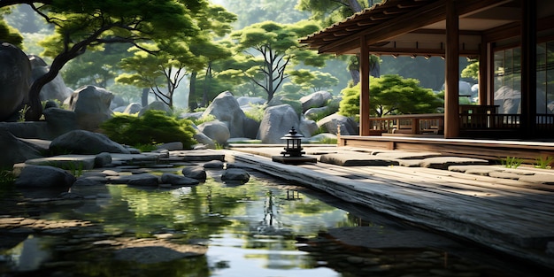 Jardim japonês com uma lagoa e um gazebo de madeira