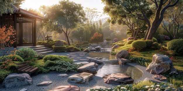 Jardim japonês com uma lagoa e uma casa de chá