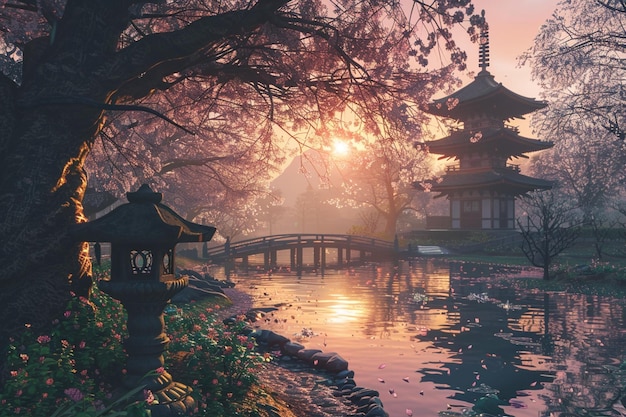 Jardim japonês de cerejeiras com um pagode em su