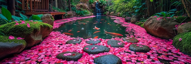 Jardim japonês de flores de cerejeira Koi Pond em plena floração