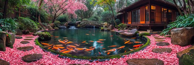 Jardim japonês de flores de cerejeira Koi Pond em plena floração