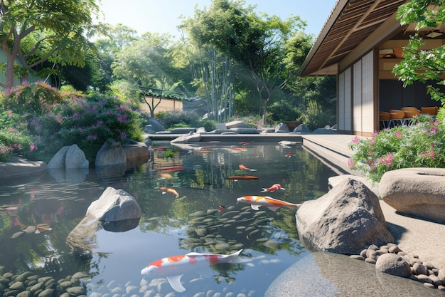 Jardim japonês tranquilo com uma lagoa de koi