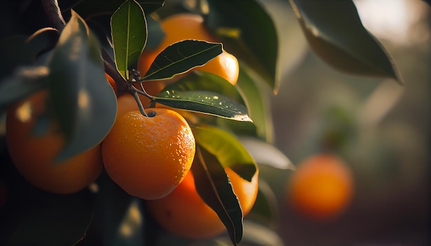 Jardim laranja com frutos de laranja maduros nas árvores com folhas verdes naturais e fundo alimentar