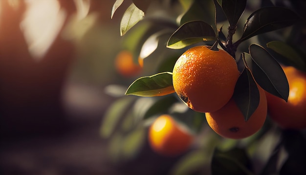 Jardim laranja com frutos de laranja maduros nas árvores com folhas verdes naturais e fundo alimentar