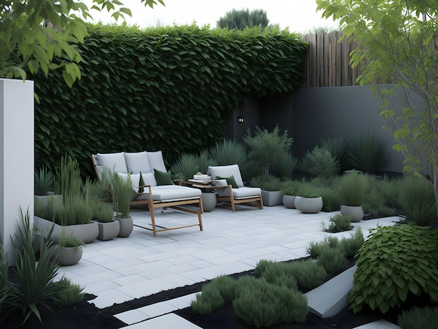 Jardim minimalista com ambiente aconchegante e texturas naturais