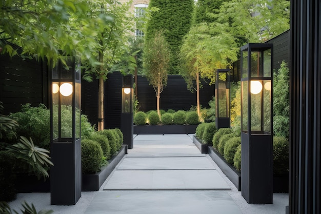 Jardim moderno com lanternas elegantes e minimalistas e iluminação contemporânea