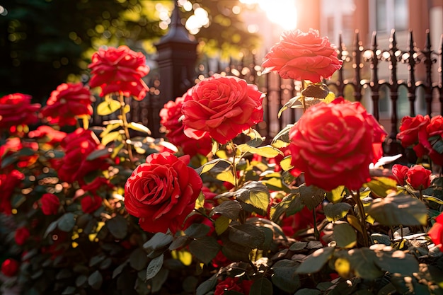 jardim na cidade cheio de rosas vermelhas Copie o espaço
