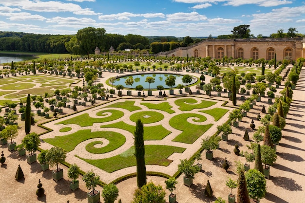 Jardim Orangery no parque de Versalhes com laranjeiras em caixas