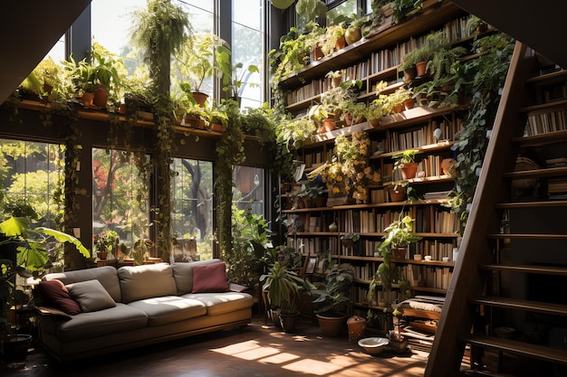 Jardim ou planta gigante crescendo demais dentro do apartamento Estilo do design da sala de estar com parede verde