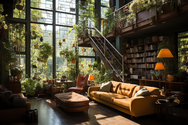 Jardim ou planta gigante crescendo demais dentro do apartamento Estilo do design da sala de estar com parede verde