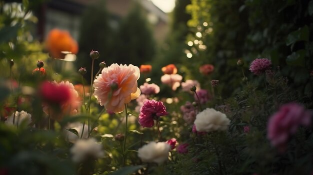 Jardim privado de verão bonito com muitas flores e plantas paisagem natural estilo de casa de campo inglesa