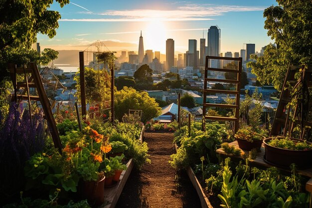 Foto jardim próspero no telhado da cidade em plena floração urbana