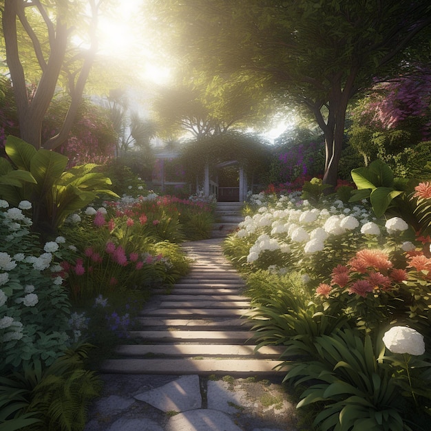 Jardim sereno e tranquilo com lindas flores e folhagens