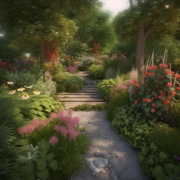 Jardim sereno e tranquilo com lindas flores e folhagens