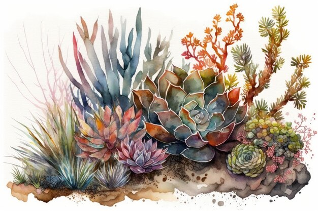 Jardim suculento em aquarela com mistura de variedades e texturas de plantas