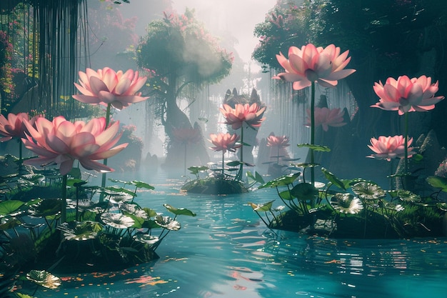 Jardim surrealista com flores de grandes dimensões e flutuando