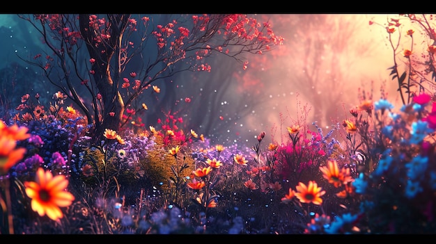 Jardim surrealista com flores flutuantes de todas as cores