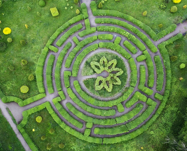 Jardim topiário em forma de labirinto, no jardim botânico Grishka em Kiev.