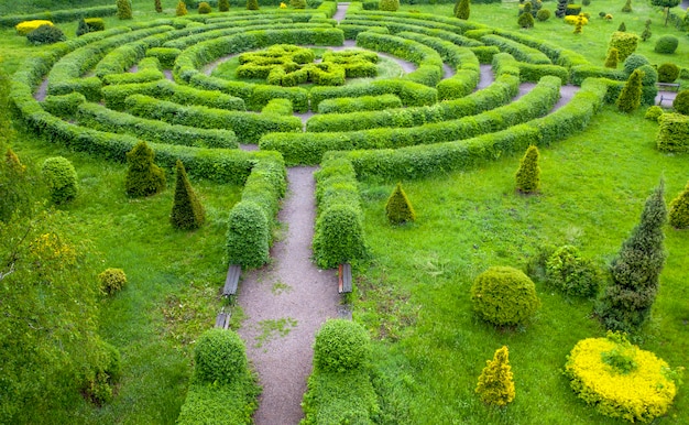 Jardim topiário em forma de labirinto, no jardim botânico Grishka em Kiev.