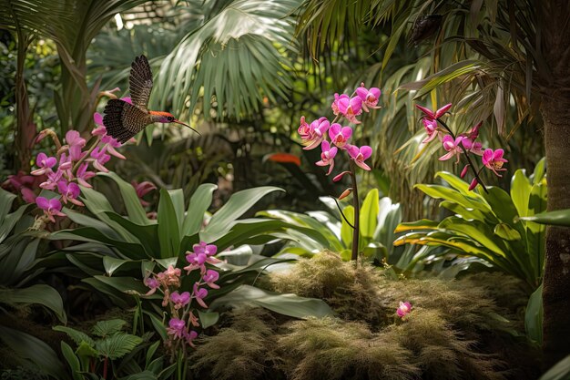 Jardim tropical com orquídea de beija-flor e libélula criado com generative ai