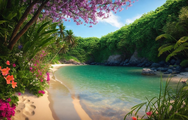 jardim tropical de praia com água e flores