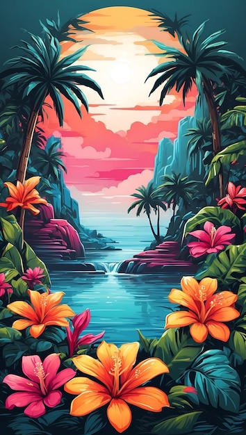 Foto jardim tropical ilustração colorida desenho de fundo cartão postal arte digital cartão de presente de folheto