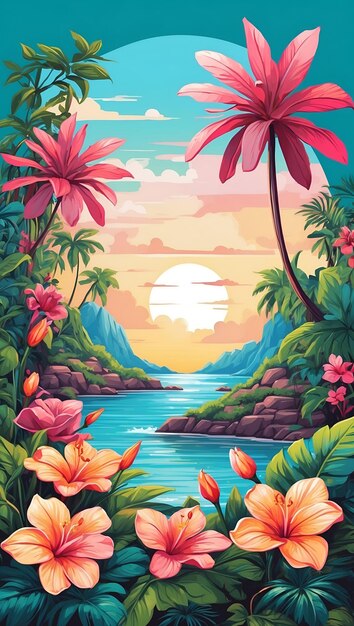 Foto jardim tropical ilustração colorida desenho floral fundo cartão postal arte digital cartão de bandeira