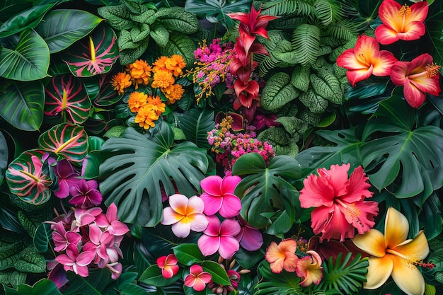 Jardim tropical vibrante com folhagem exuberante e várias flores coloridas em plena floração na natureza